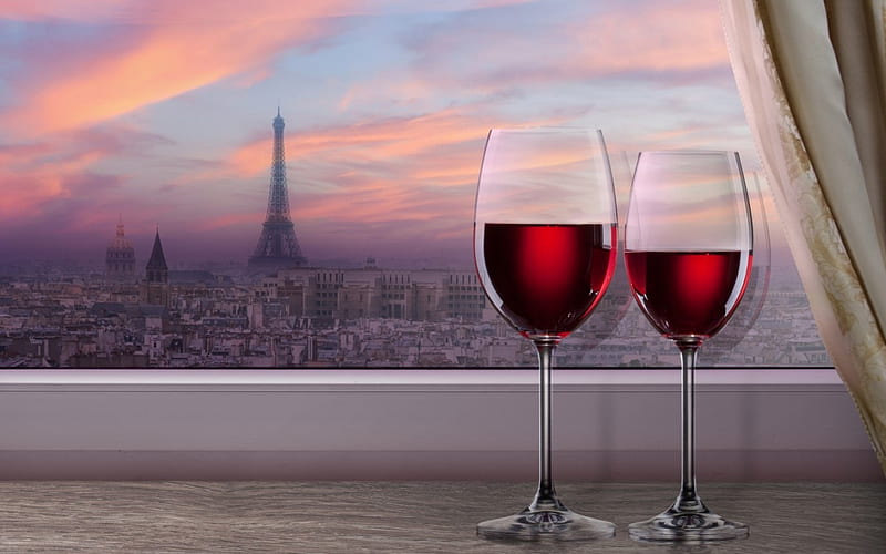 Red wine glasses, window, wine, curtain, windowsill, Eiffel Tower, city, Paris, evening, HD wallpaper