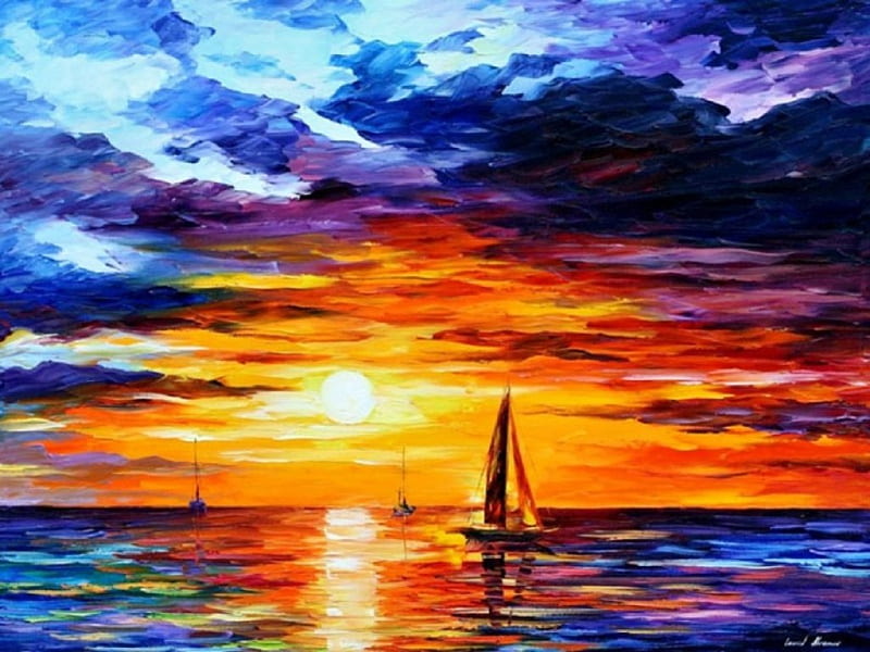 Sailing into the sunset, art, orange, ocean, abstract, sea, paintings, reflection, leonid afremov, sailboats, blue, HD wallpaper