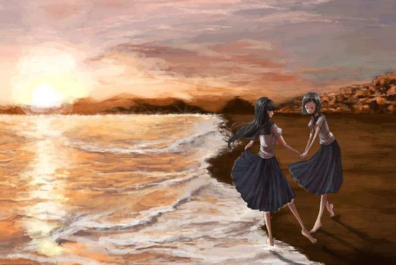 Two Friends On The Beach, beach, uniforms, anime, ocean, barefoot, girls, sky, friends, HD wallpaper