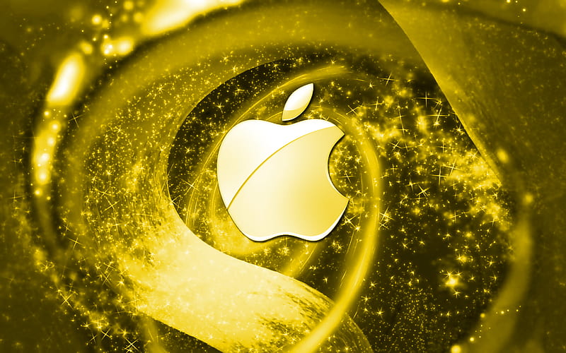 Apple yellow logo, space, creative, Apple, stars, Apple logo, digital art, yellow background, HD wallpaper