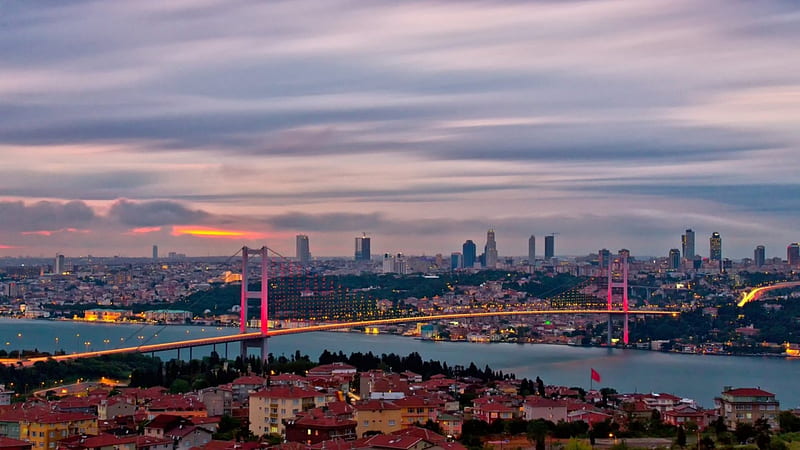 beautiful bridge in istanbul at dusk, city, bridge, dusk, straits, lights, HD wallpaper