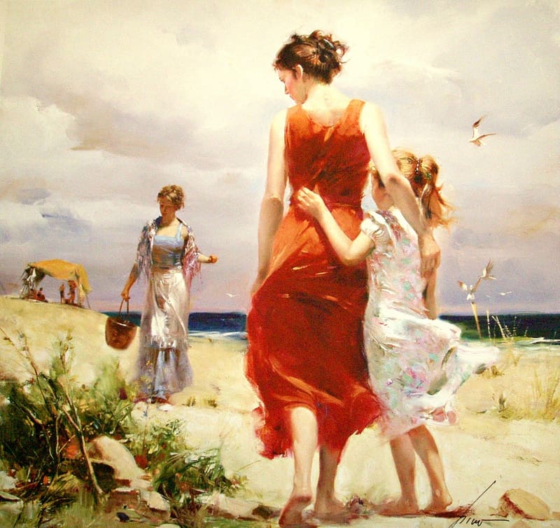 :), mother, girl, stroll, child, woman, copil, art, pino daeni, painting, red, pictura, HD wallpaper