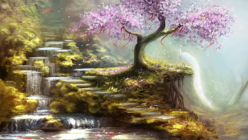 Pink Tree and Ribbons, pretty, stunning, grass, peacock, panoramic view, attractions in dreams, bonito, ribbons, most ed, digital art, seasons, paintings, landscapes, heaven, waterfall, scenery, drawings, lovely, colors, love four seasons, creative pre-made, spring, trees, softness, cool, plants, nature, HD wallpaper