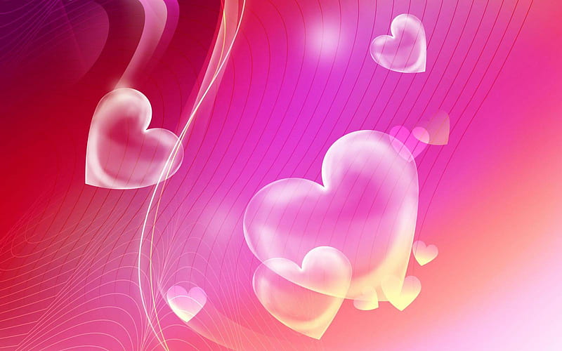 Crystal hearts, red, 3d, love, heart, abstract, pink, light, HD wallpaper
