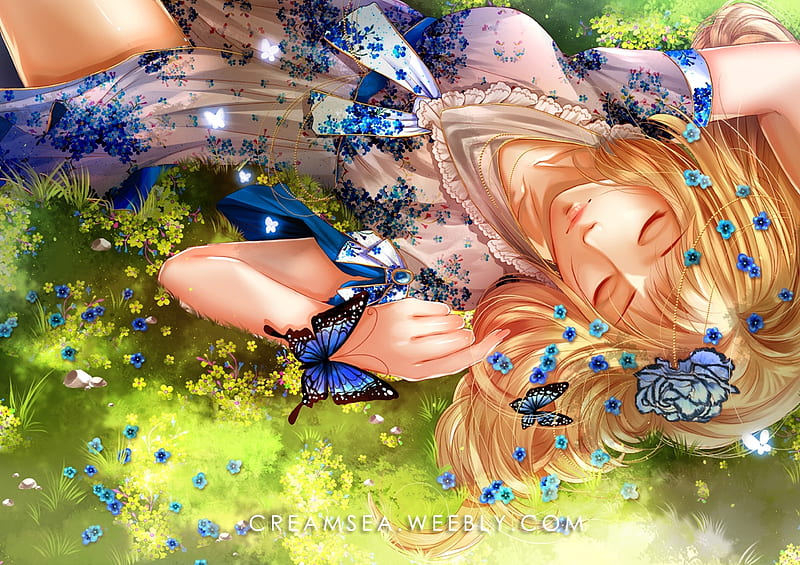 Dreaming Luminos Manga Butterfly Girl Creamsea Green Anime Flower Blue Hd Wallpaper