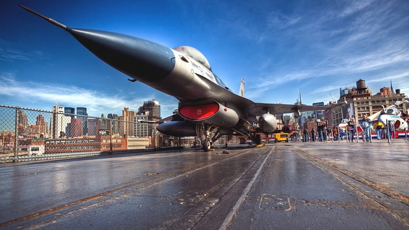 f16 falcon on the intrepid carrier museum r, plane, city, people, carrier, r, sky, HD wallpaper