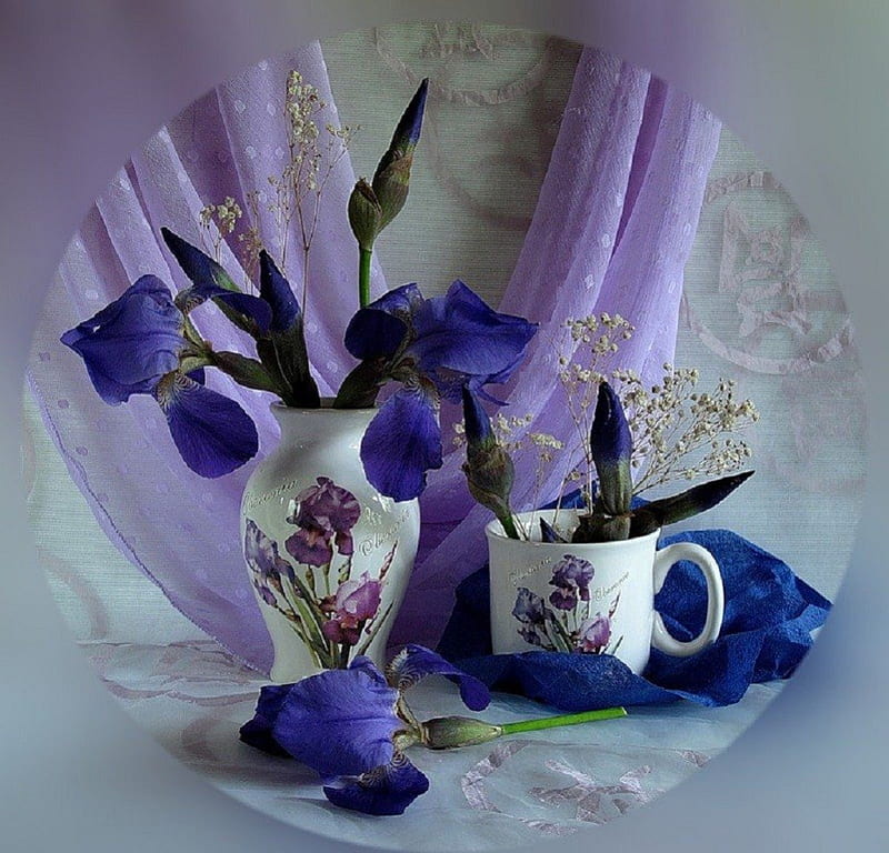 Tea Time, still life, graphy, flowers, irises, tea, teacup, HD