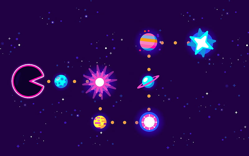 Pac-Man planets, galaxy, minimal, pacman, Namco, HD wallpaper
