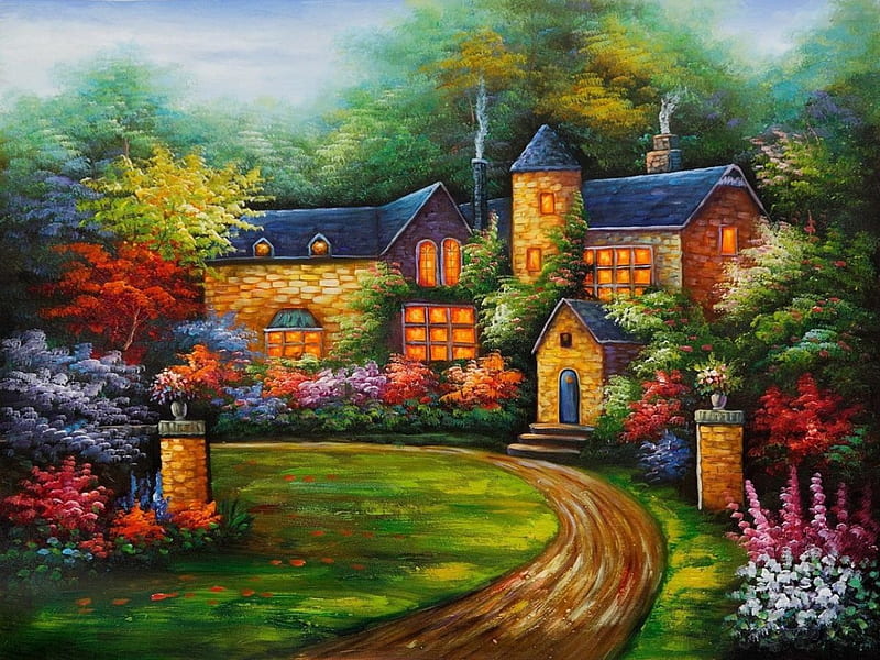 Country Manor, house, painting, flowers, path, garden, artwork, HD wallpaper