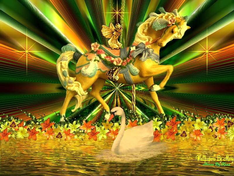 Carousel Horse, pond, rainbow stripes, gold fairy, flowers, swan, HD wallpaper