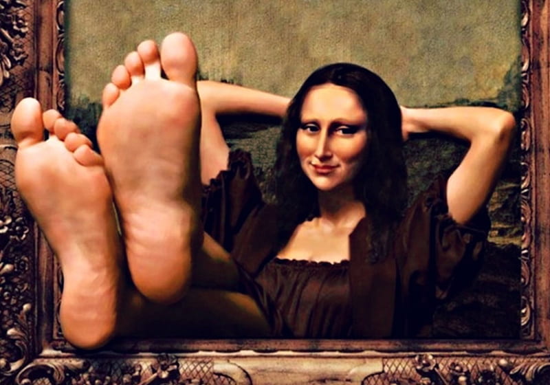 Relaxed Mona Lisa, legs, frame, black, creative, woman, situation, mona lisa, fantasy, feet, painting, funny, HD wallpaper