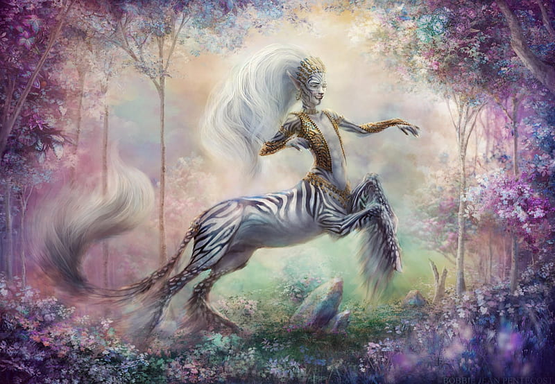 Centaur in Gemstone Forest, fantasy, girl, luminos, bobbie jean pentecos, pink, centaur, creature, HD wallpaper