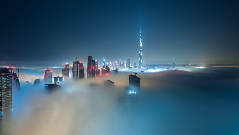 spectacular dubai skyscape in fog r, city, r, lights, fog, skyscrapers, HD wallpaper