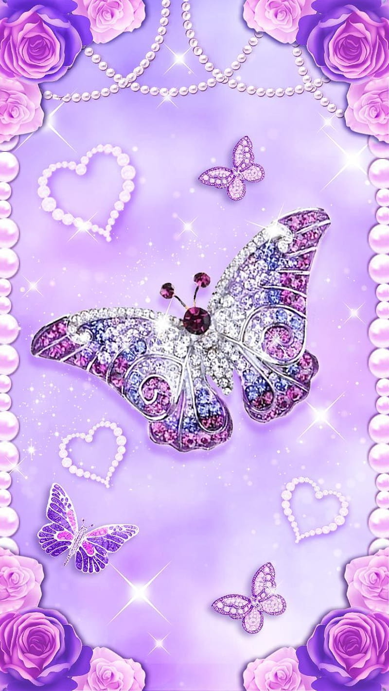 Diamond Butterfly, hearts, purple, pretty, HD phone wallpaper