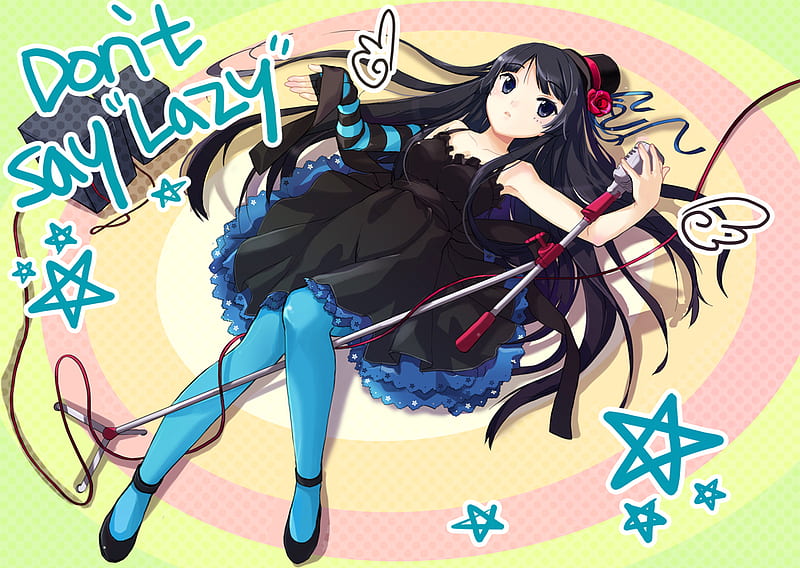 Akiyama Mio, stars, dress, circle, ribbon, rainbow, bow, hat, microphone, girl, wire, long hair, HD wallpaper