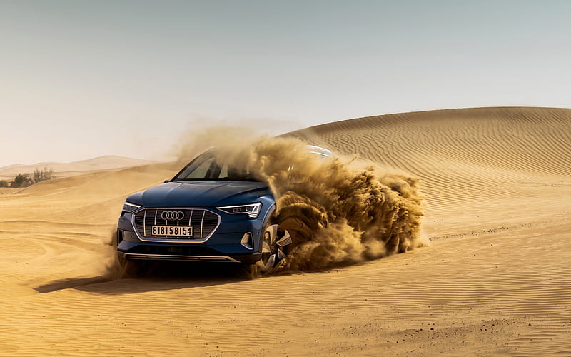 Audi E-Tron, 2019, electric SUV, desert, dunes, sand, new blue E-Tron, electric car, German new electric cars, Audi, HD wallpaper