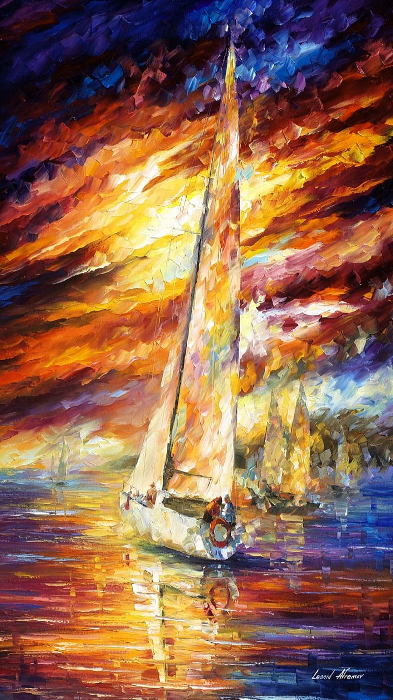 Afremov boat, oil, painting, HD phone wallpaper