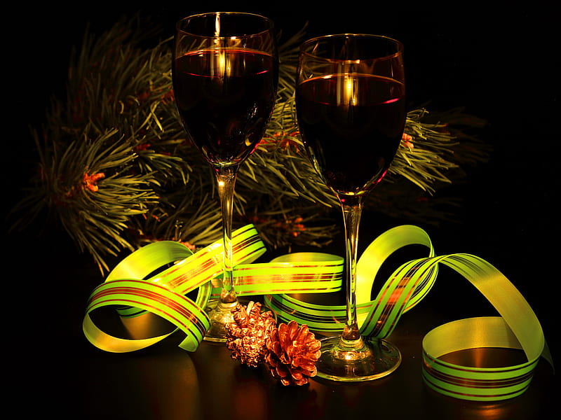 New Year's toast, red wine, cheers, christmas, holiday, ribbon, toast, glasses, new year, HD wallpaper