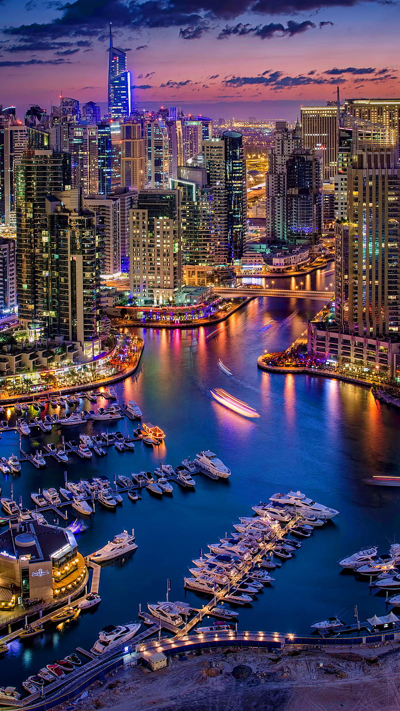 Dubai, boats, buildings, city, harbour, lights, night, HD phone wallpaper