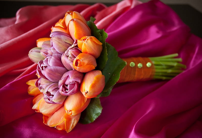 Bouquet, pretty, orange, bride, bonito, silk, graphy, nice, flowers, beauty, tulips, tulip, harmony, lovely, satin, colors, magenta, delicate, wedding, elegantly, cool, purple, flower, HD wallpaper