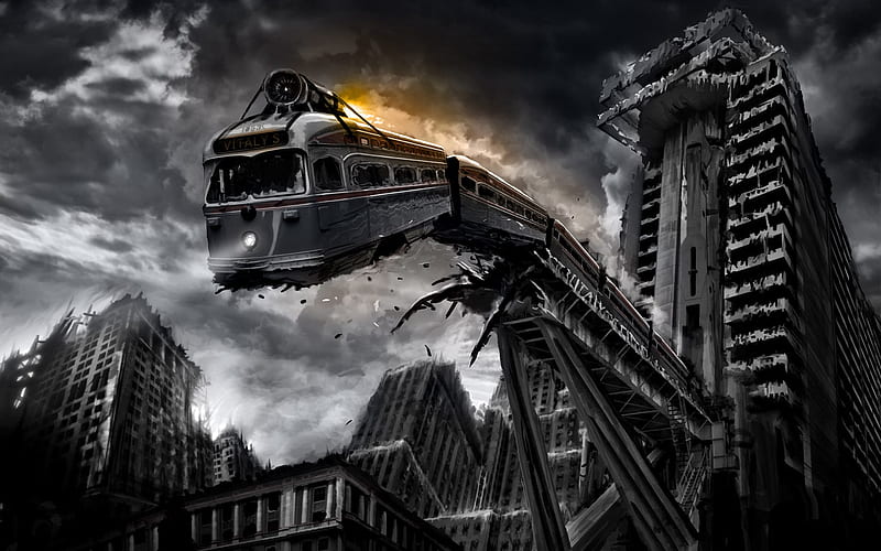derailing train, destruction, clouds, buildings, light, HD wallpaper