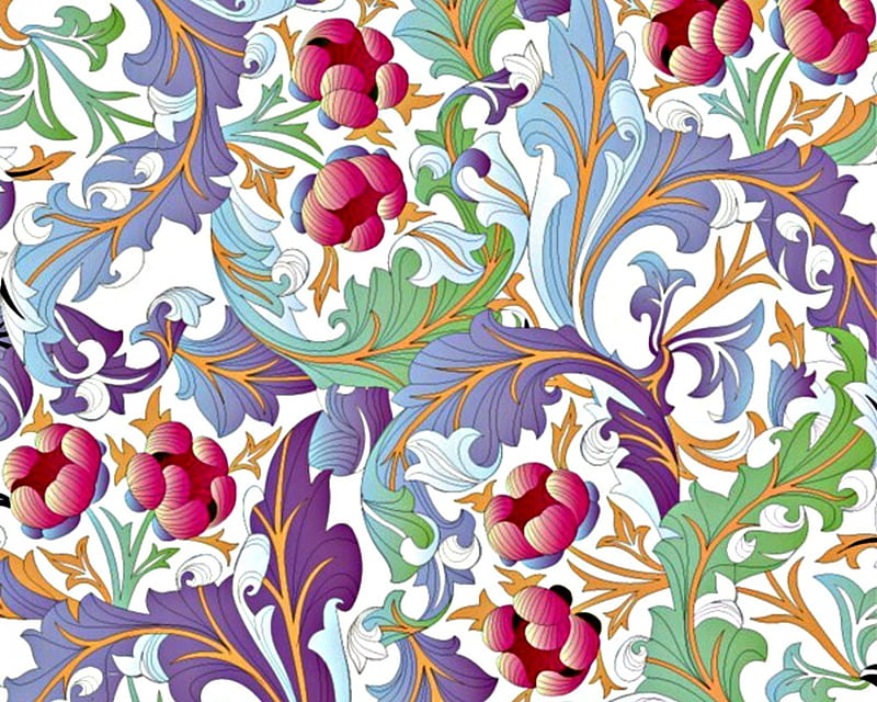Texture, pattern, red, purple, green, flower, paper, white, HD wallpaper