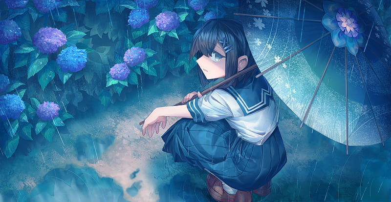 Anime school girl, sitting, sadness, umbrella, raining, flowerbed, water,  Anime, HD wallpaper | Peakpx