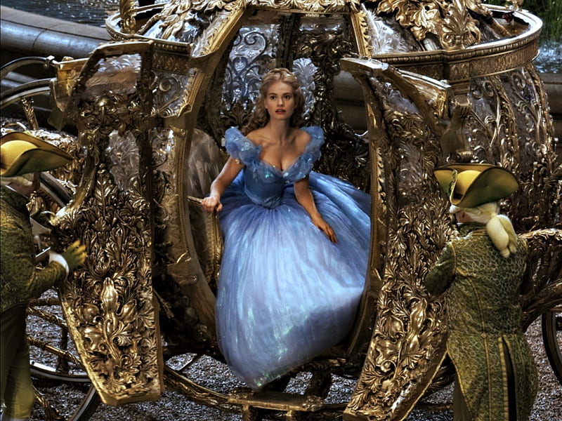 Cinderella (2015), Cinderella, Lily James, dress, movie, golden, woman, carriage, fantasy, girl, actress, disney, blue, HD wallpaper