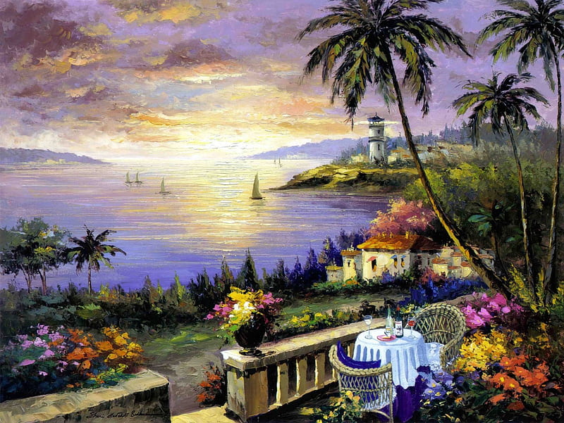 Terrace of the Sun, beach, painting, sunset, clouds, artwork, sea, palms, HD wallpaper