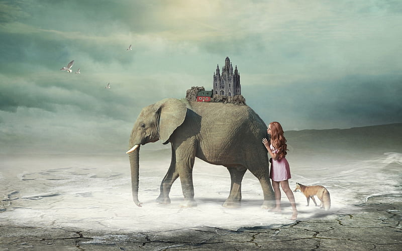 :-), elephant, creative, sea, beach, fantasy, sand, water, vara, girl, fox, summer, copil, child, castle, HD wallpaper
