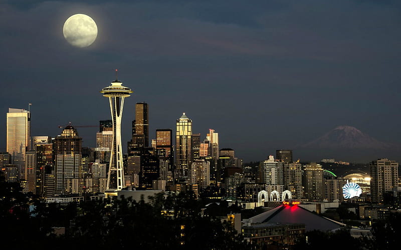 Full Moon over Seattle, Washington, USA, Moon, Skyscrapers, Cityscape, HD wallpaper