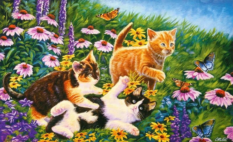 Care days, pretty, grass, fluffy, bonito, nice, care, painting, flowers, kitties, playing, art, lovely, kittens, days, spring, joy, freshness, summer, garden, funny, cats, meadow, field, HD wallpaper