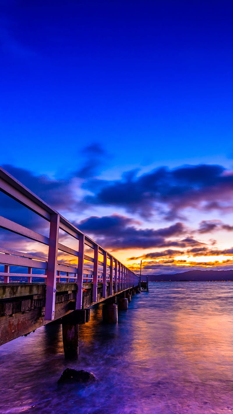 Coast, beauty, bridge, clouds, evening, ocean, pier, purple, sea, sky, super, HD phone wallpaper