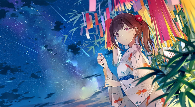 anime girl, falling stars, scenic, yukata, festival, ponytail, Anime, HD wallpaper
