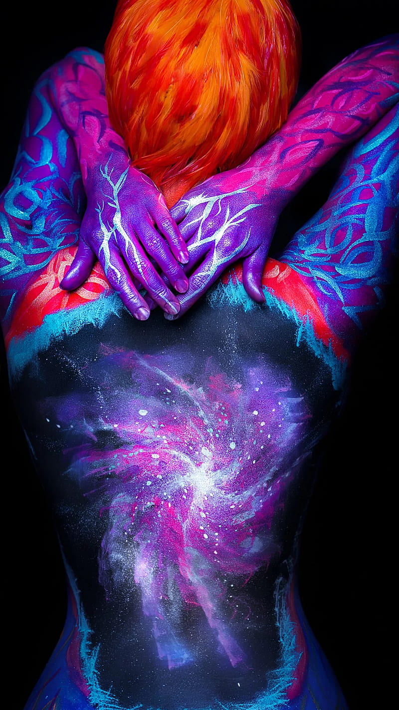 Body art, purple, paint, abstract, colors, red hair, back, blue, HD phone wallpaper