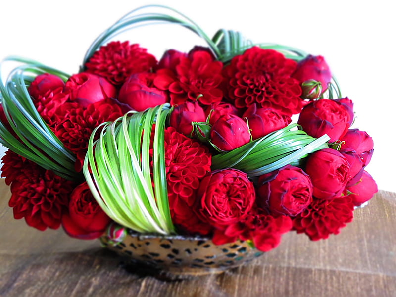 Red bouquet, Dahlias, Roses, Red, Peony, HD wallpaper