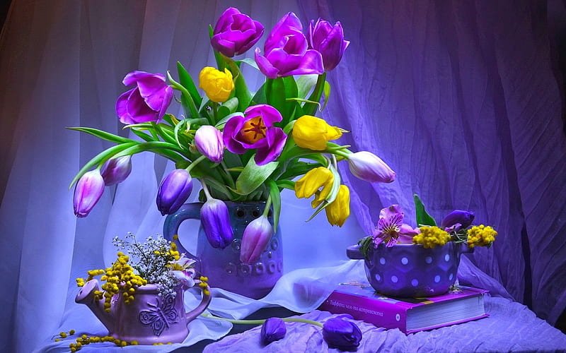 Still life with tulips, colorful, still life, bouquet, vase, bonito, tulips, tea, HD wallpaper