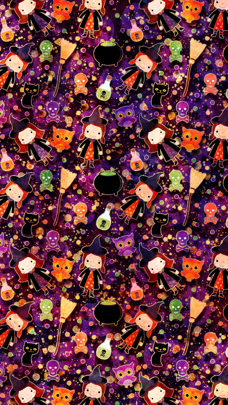 Cute Halloween Witch , Adoxali, October, autumn, black, broom, cat, cauldron, celebration, child, day of the dead, dots, fall, fun, funny, green, holiday, illustration, kawaii, kid, kitty, orange, owl, pattern, poison, scary, skull, spooky, treat, trick, violet, HD phone wallpaper