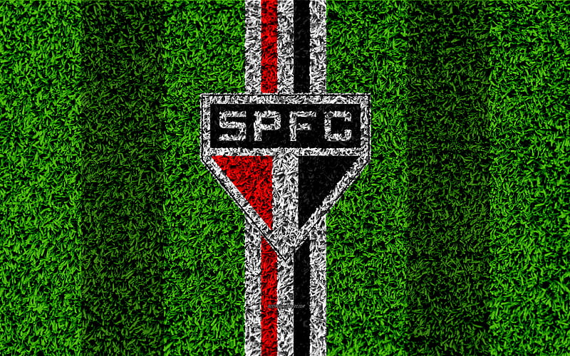 Sao Paulo FC football lawn, logo, Brazilian football club, emblem, black and red lines, Serie A, São Paulo, Brazil, Campeonato Brasileiro, Brazilian Championship A Series, HD wallpaper