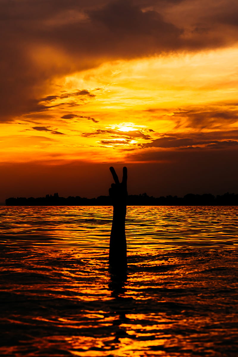 hand, gesture, sunset, water, glare, HD phone wallpaper