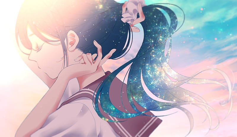 anime girl, ponytail, school uniform, closed eyes, ear, Anime, HD wallpaper