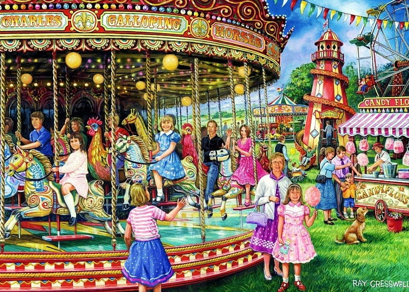 The Funfair, carousel, painting, children, artwork, horses, HD wallpaper