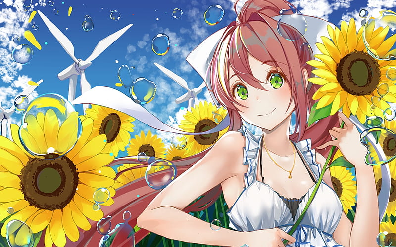 Monika, sunflowers, manga, Doki Doki Literature Club, HD wallpaper