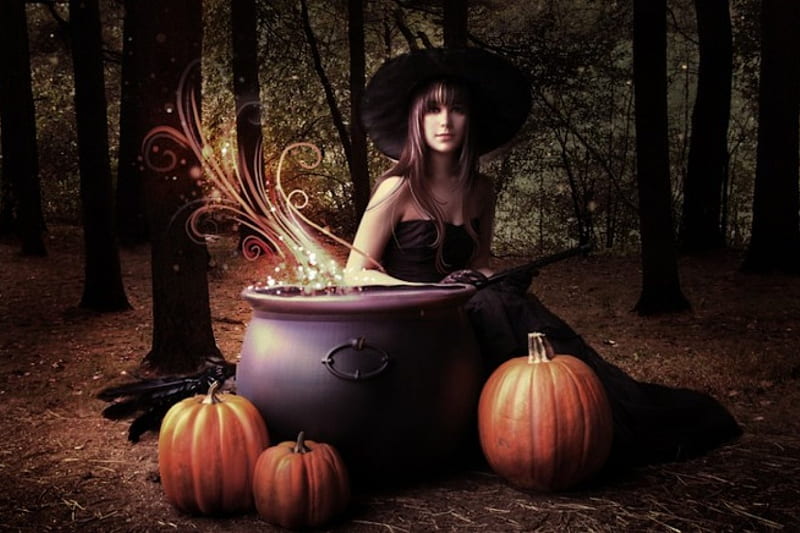 Halloween Magic, witch, cauldron, halloween, pumpkin, magic, spell, HD wallpaper