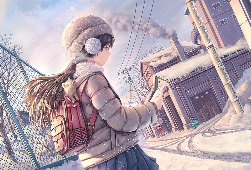 anime school girl, winter, street, snow, smoke, backpack, Anime, HD wallpaper