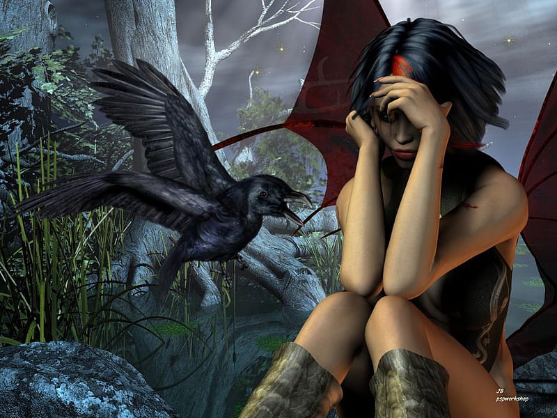 I am too tired to hunt, raven, female, woods, fangs, vampire, blood sucking, blood, HD wallpaper