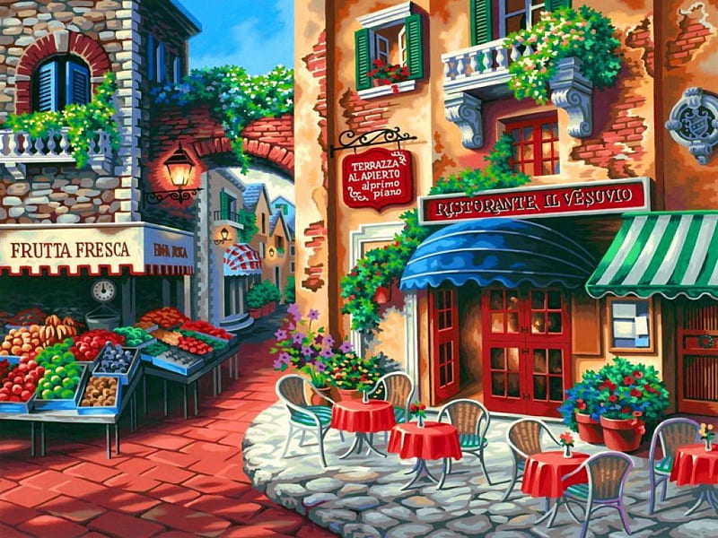 Taste of Italy, pretty, colorful, cafe, bonito, painting, flowers, pizza, italy, street, art, lovely, town, market, taste, restaurant, peaceful, summer, HD wallpaper