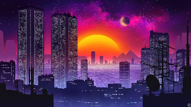 City Retrowave Sunset , retrowave, sunset, city, artist, artwork, digital-art, minimalism, minimalist, artstation, HD wallpaper