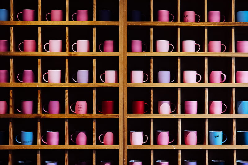 cups, shelves, dishes, colorful, wooden, HD wallpaper