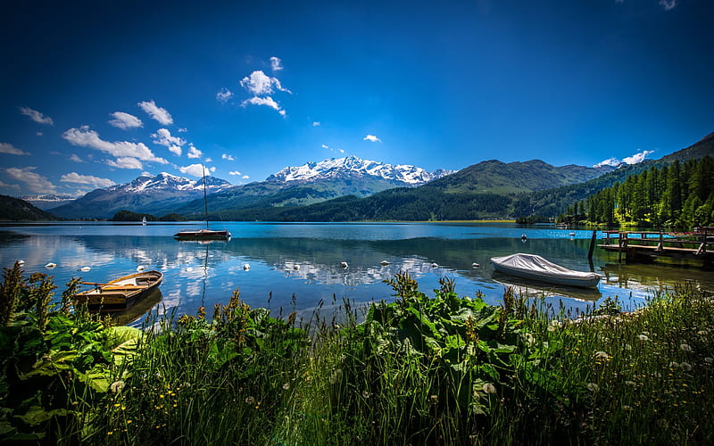 Alps, Switzerland, lake, mountains, summer, dock, HD wallpaper
